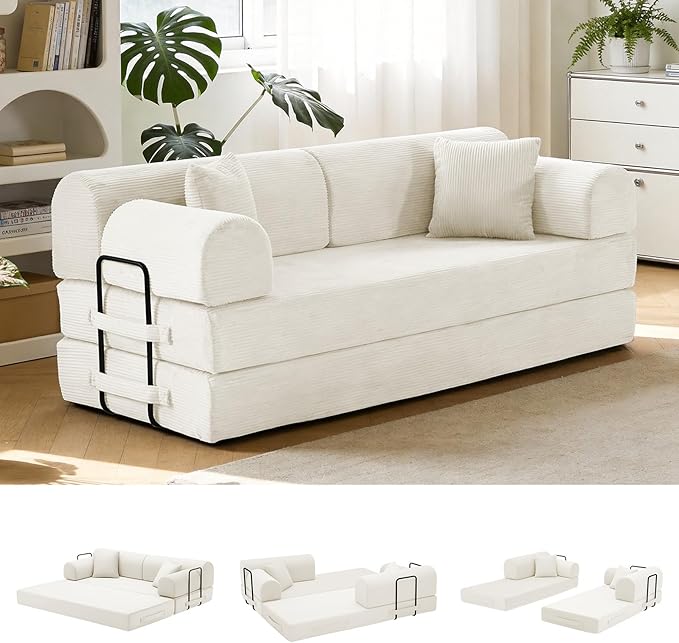 78.8" Convertible Sofa Bed with Detachable Arm Pillow, 6-in-1 Sectional Couches for Living Room, Corduroy Boneless Couch, Sleeper Loveseat Couch Bed, No Assembly, Beige Couch