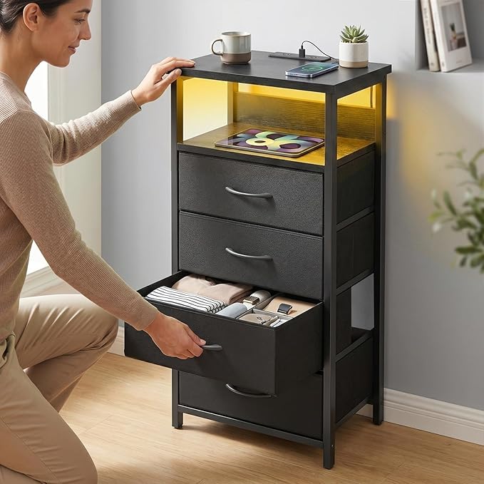 Fixwal Night Stand with Charging Station, Tall Nightstand with U-S-B Ports and Outlets, 4 Fabric Storage Drawers with PU Finish, Small Dresser Bed Side Table, Black