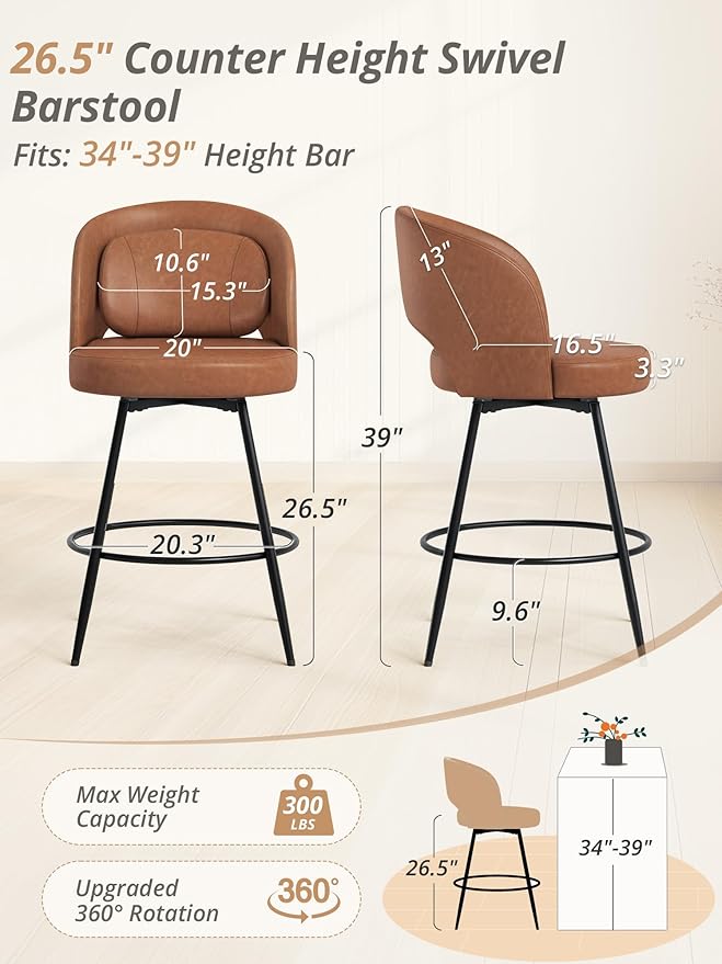 LUE BONA 26''H Swivel Bar Stools Set of 4, Counter Height Bar Stools with Backs, Lumbar Pillow and Black Metal Frames, Upholstered Modern Barstools for Kitchen Island, Faux Leather, Brown