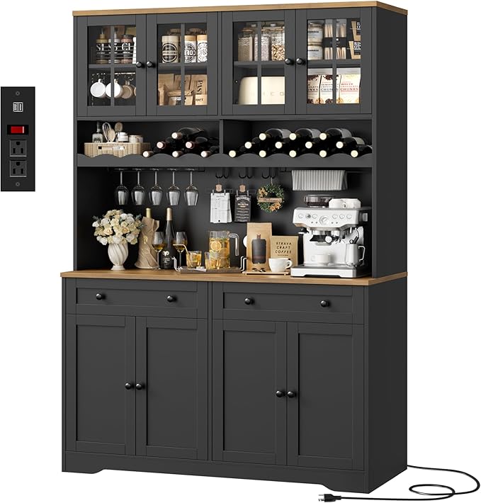HOSTACK 75.4" Tall Kitchen Pantry Cabinet with Charging Station, Modern White Kitchen Hutch with Microwave Stand and Wine Rack, Large Food Pantry Storage Cabinet with Glass Doors and Drawers, Black