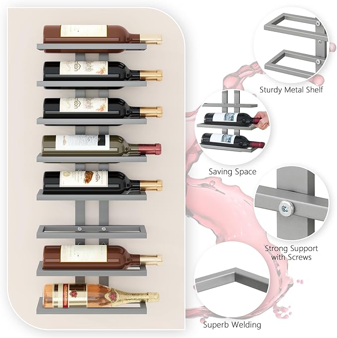Hoctieon 3-Set 8 Tier Wall Mount Wine Rack (24 Tiers), Wall Racks for Wine Bottles Display and Storage, Hanging Bottle Organizer for Living Room, Dining Room, Wine Cellar, Bar, Grey