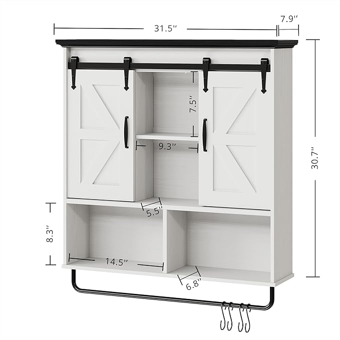 IRONCK Bathroom Wall Cabinet, Farmhouse Medicine Cabinet with Sliding Barn Door and LED Lights, Storage Cabinet Wall Mounted with Adjustable Shelves & Towel Bar for Bathroom, Kitchen, White