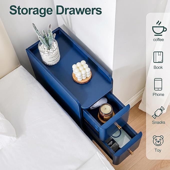 Blue Narrow Nightstand, Wooden Small 2 Drawer Nightstand, Slim Side End Table, Skinny Bedside Table, Mid Century Modern Night Stand with Drawers, for Living Room (Blue-1 pc)