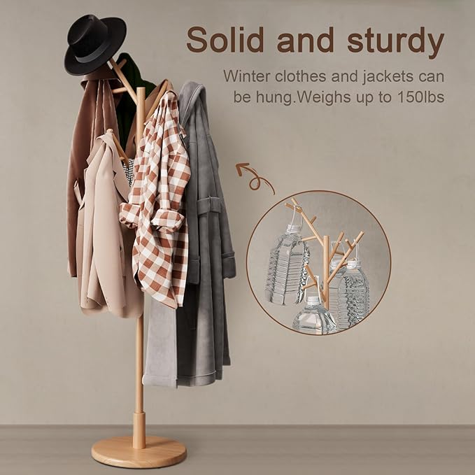 Muwuele Coat Rack,Solid Wood Coat Rack Freestanding with 12 Hooks,Coat tree freestanding 3 Adjustable Heights for coat, Hats, Handbags，Coat Stand for Entryway,Bedroom (Natural)