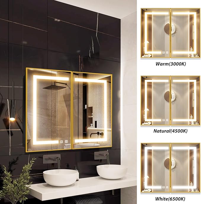 APRILSOUL 40x32 Inch Lighted Bathroom Medicine Cabinet with Mirror, Gold Recessed or Surface Mount Medicine Cabinet Mirror with Storage and LED Lights, 3 Colors Temperature, Dimmable Light
