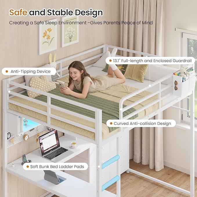 DICTAC Full Loft Bed with L-Shaped Desk,Bookshelf and Charging Station Metal Loft Bed Full Size with 6 Storage Drawers,Open Shelves and Hutch,Teens loft beds with Led Lights and Safety Guardrail,White