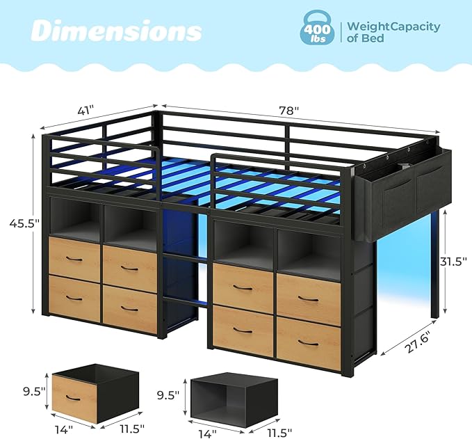 ADORNEVE Low Loft Bed Twin Size with 8 Storage Drawers, Twin Loft Bed with Bookcase and LED Lights, Metal Kids Loft Bed with 14" H Safety Guardrail, Under-Bed Play Space, No Box Spring Needed, Natural