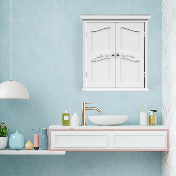 Teamson Home Versailles 22" x 24" Bathroom Wall Cabinet with Doors and Adjustable Shelves, White Medicine Cabinet for Storage in Bathroom, Kitchen, Laundry, Office, Garage, Above Toilet