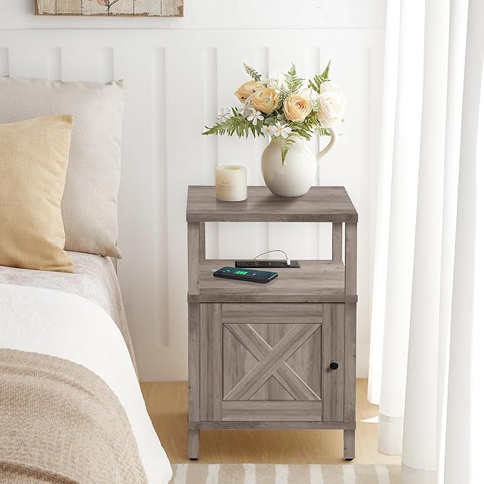 MAHANCRIS Farmhouse Nightstand with Charging Station, Greige Bedside Table with USB & Type-C Ports, End Table with Storage Cabinet and Open Shelf, Modern Side Table for Bedroom, Grey ETGY96E01