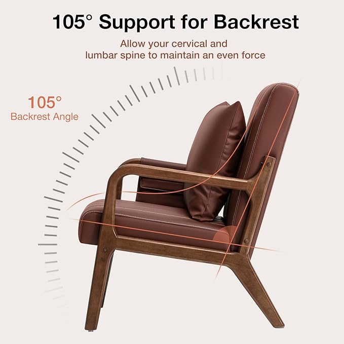 HOMMPA Mid-Century Modern Accent Chair Set of 2, Comfy Reading Armchair with Solid Wood Frame & Lumbar Pillow, Upholstered Linen Lounge Chair with Side Pocket for Living Room, Bedroom,Balcony (Brown)