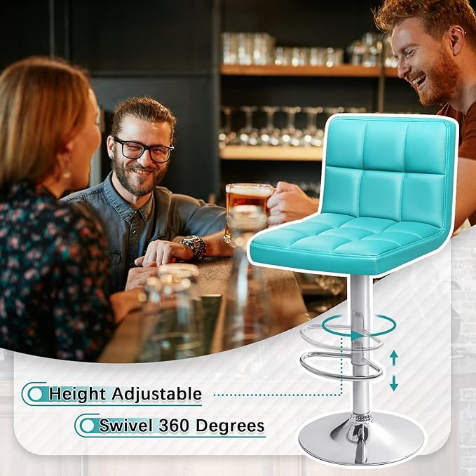 Homall Bar Stools Modern PU Leather Adjustable Swivel Barstools, Armless Hydraulic Kitchen Counter Bar Stool Extra Height Square Island Barstool with Back Set of 2 (Leather, Blue)