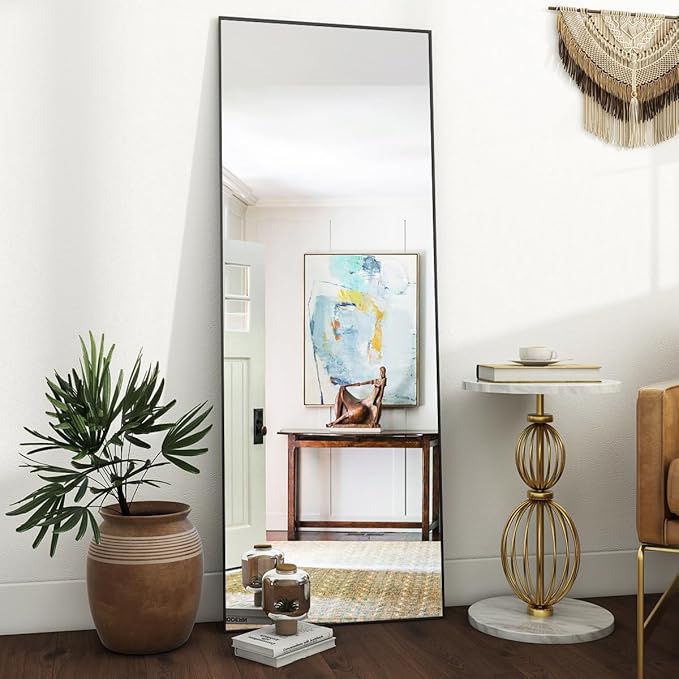 VooBang Mirror Full Length, 21" x 64" Floor Mirror with Stand, Aluminum Alloy Frame Full Body Mirror, Standing Hanging or Leaning Against Wall for Bedroom and Living Room, Black