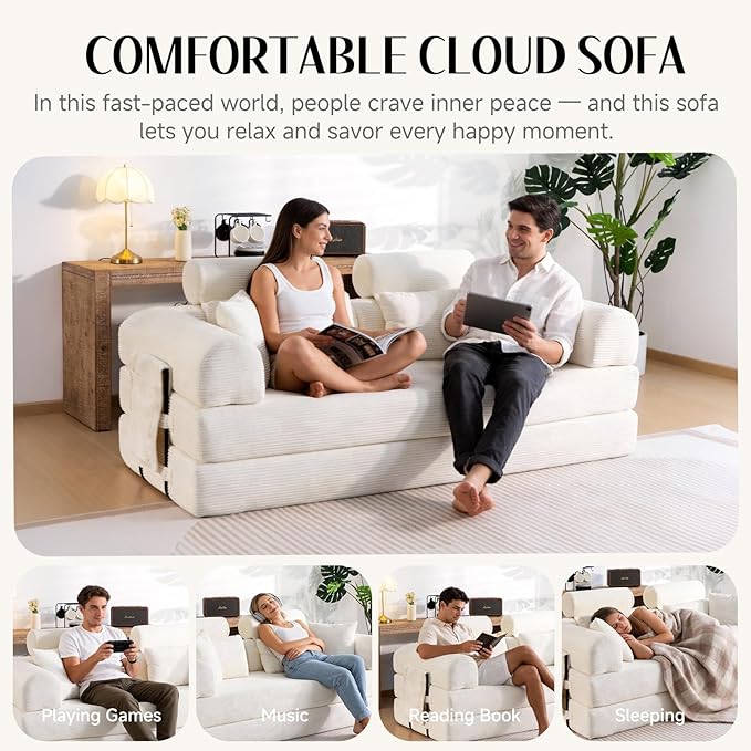 79" Convertible Boneless Couch for Small Spaces, 6-in-1 Corduroy Sofa Bed with High Backrest, Pillows, High-Density Foam Loveseat Sleeper Couch in a Box for Living Room, No Assembly, Beige