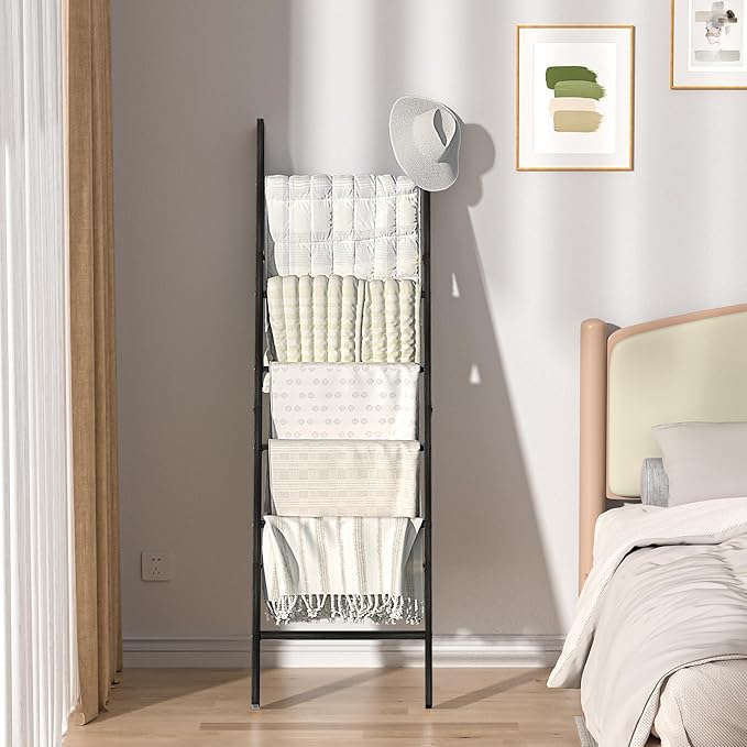 HONEST OUTFITTERS Blanket Ladders for The Living Room, 6-Tier Blanket Holder, Wall-Leaning Blanket Rack, Ladder Shelves, Wooden Quilt Ladder, Farmhouse Decor, Black