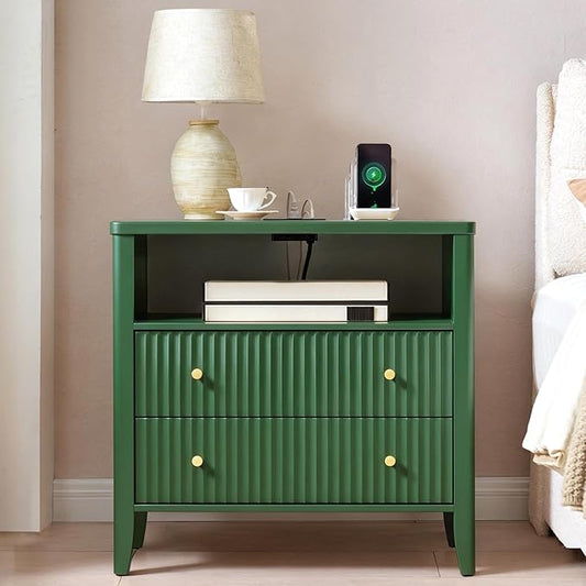 Fluted Nightstand with Charging Station, 27.3" Tall Modern Bedside Table with 2 Drawers & Open Shelf, Large Wide Wood End Table with Storage & Metal Handle for Bedroom, Green
