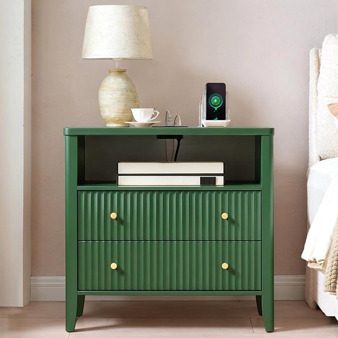 Fluted Nightstand with Charging Station Set of 2, 27.3" Tall Modern Bedside Table with 2 Drawers & Open Shelf, Large Wide Wood End Table with Storage & Metal Handle for Bedroom, Green