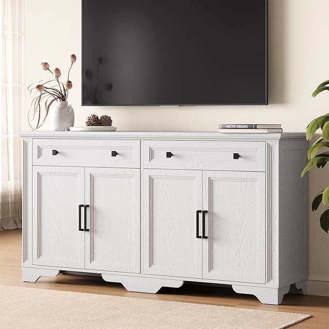 ONBRILL 63" Sideboard Buffet Cabinet, Kitchen Buffet Storage Cabinet, Large Credenza with Drawers & Doors, Wood Coffee Bar Console Wine Bar for Living Room Hallway White