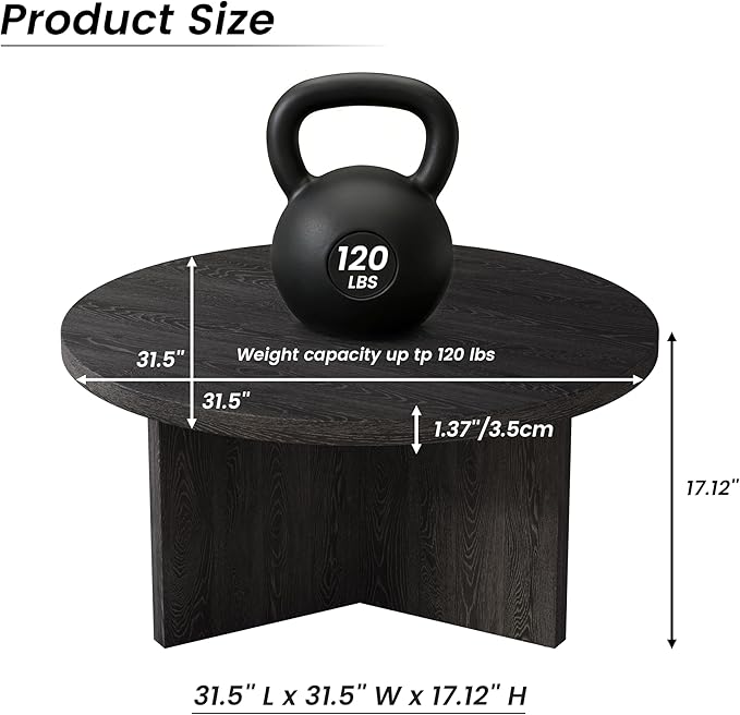 Luoxiao 31.5" Black Round Coffee Table Modern Circle Center Table for Living Room, Space-Saving Wood Accent Table for Apartments, Study, with Adjustable Feet Pads, Easy Assembly