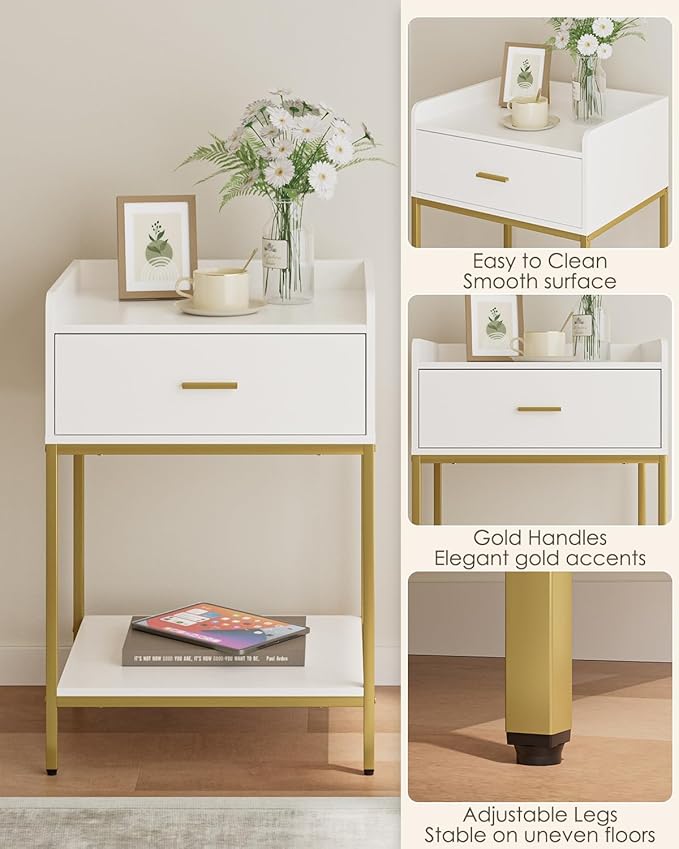 Masupu Nightstand, 3-Tier Modern Bedside Night Stand with Storage Drawer and Shelf, Large End Side Table for Bedroom, Living Room, White