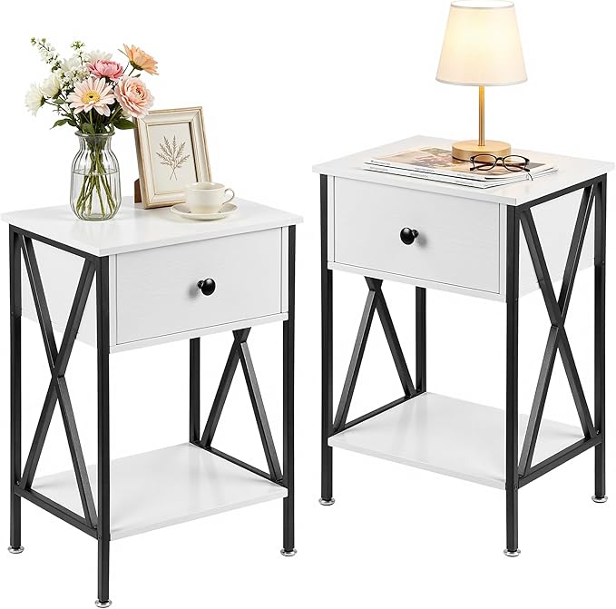 VECELO Nightstands Set of 2, Modern Bedside End Tables, Night Stands with Drawer and Storage Shelf for Living Room Bedroom, Industrial Metal Frame
