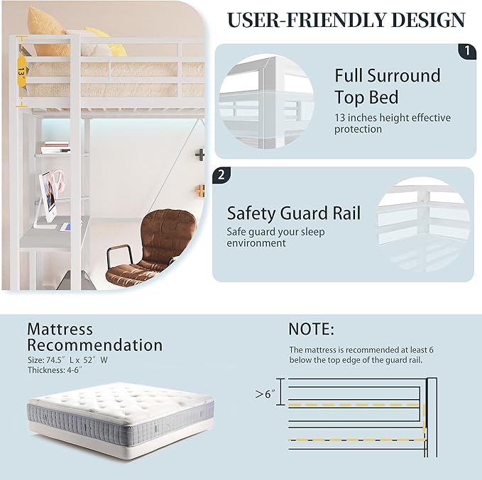 SUNLEI Loft Bed Full Size with Desk and Safety Guard Rail, Full Size Metal Bed Frame with Double Layer Shelves for Storage, 2 Security Ladders No Box Spring Needed, Snowy White