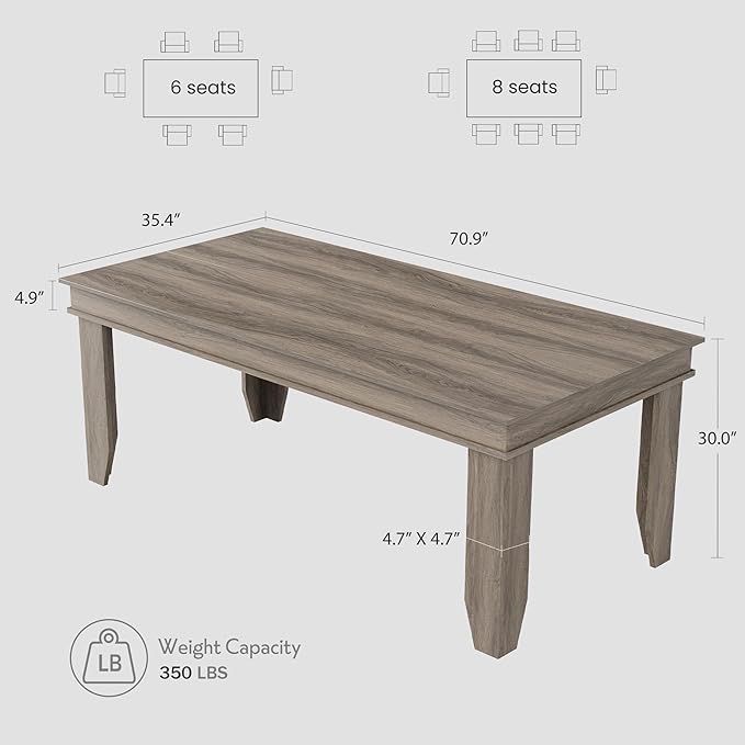 GarveeHome Farmhouse Dining Table for 6-8 People, 71 in Long Kitchen Tables with Wooden Sturdy Frame, 6 ft Large Rectangular Dinner Table for Dining Room, Kitchen, Grey Walnut, 71" Non-extendable