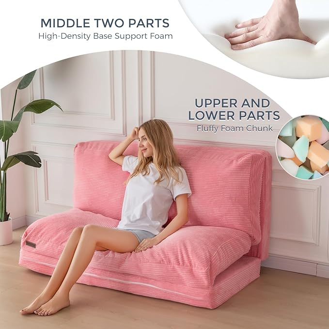 MAXYOYO Folding Sofa Bed, Extra Thick and Long Floor Sofa Convertible Sleeper Chair with Washable Cover, Floor Couch Lounge Bean Bag Bed for Living Room, Pink, 39x95 Inch
