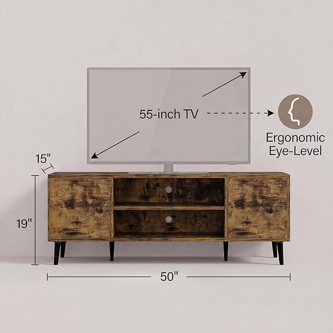 JUMMICO Mid-Century Modern TV Stand for 43-55 Inch TVs, 50 Inch Media Console with Storage, Entertainment Center with Push-Open Cabinets and Cable Management for Living Room (Rustic Brown, 50 Inches)