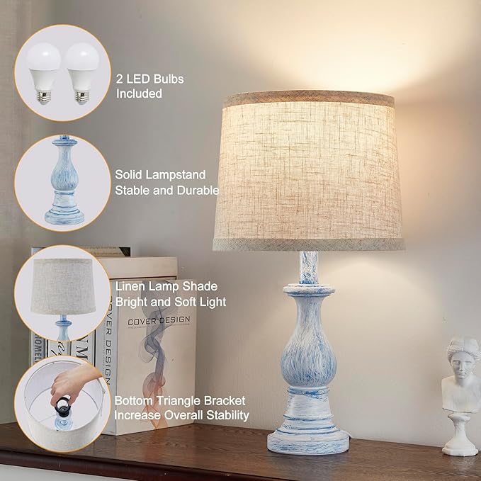 Vintage Table Lamp for Living Room Bedroom, 18.5" Farmhouse Bedside Lamps Nightstand Lamp Set of 2, Table Lamps with Oatmeal Linen Lamp Shades, 2 LED Bulbs Included, Washed Blue