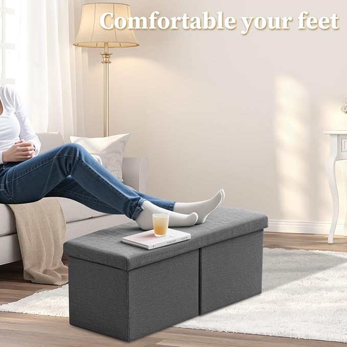 Bsketa Storage Ottoman Bench with Folding Lid Ⅲ, Foot Stools Opens on Both Ends, Footrest Foldable Linen Chest for Living Room, Bedroom, Entryway, End of Bed Storage Blanket Ottomans Dark Gray