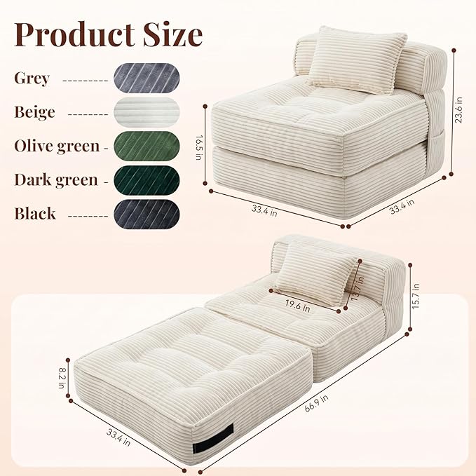 Folding Sofa Bed, Convertible Sleeper Chair with Pillow Foldable Mattress with Back Support, Portable Fold Out Chair Bed Comfy Floor Couch Lounge for Living Room Bedroom Apartment Single