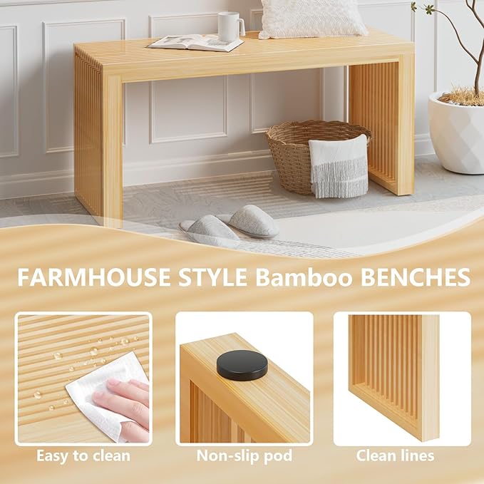 APRTAT Bamboo Dining Bench Indoor Long Entryway Shoe Rack Benchs,Outdoor Modern Wood Benches 35 Inch Bamboo Bench for Living Room Hallway Bedroom Bathroom