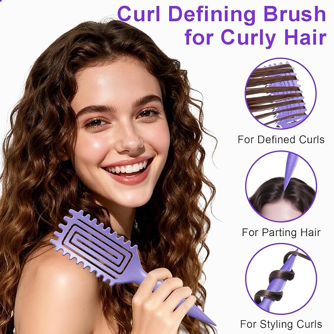 2-Pack Curly Hair Brush, Curl Defining Brush with Soft Boar Bristles Detangling Tangled Glides,Wide-Teeth Design Effortlessly Shaping & Defining Curls,Curling Definer for Wet & Dry Hair (Green Purple)