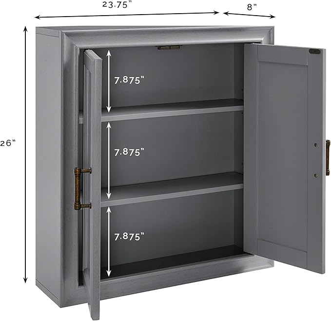 Crosley Furniture Tara Wall Mounted Bathroom Storage Medicine Cabinet with Shelves, Vintage Gray