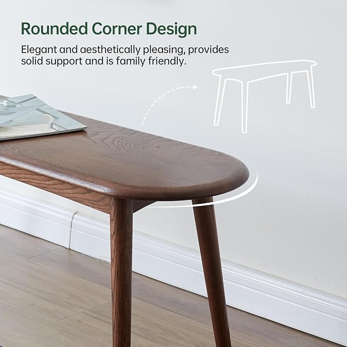 100% Solid Oak Wood Dining Bench, 47.2'' Entryway Bench Ottoman with Rounding Corner Design for Kitchen Living Room Bedroom, Walnut