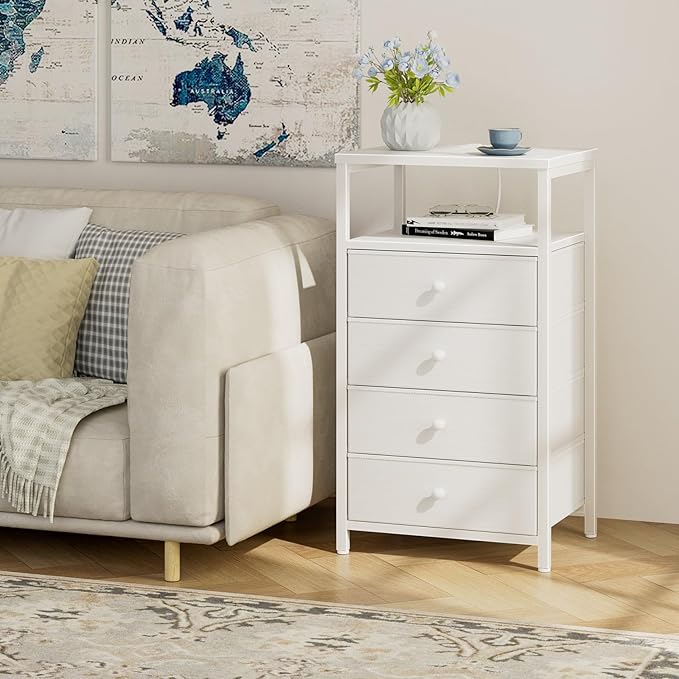 BOLUO Tall Night Stand with Drawers, White Nightstand with Charging Station and LED Light, Small White 4 Drawer Dresser for Bedroom, Room Storage Closet