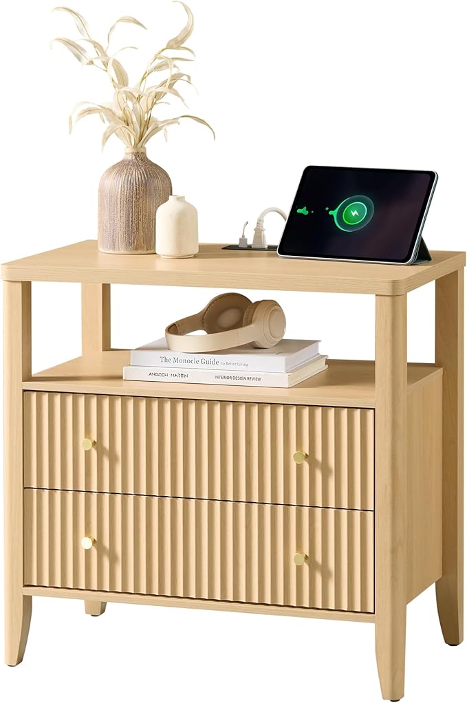 Fluted Nightstand with Charging Station Set of 2, 27.3" Wide Modern Bedside Table with 2 Drawers & Open Shelf, Large Wood End Table with Storage & Metal Handle for Bedroom, Living Room, Natural Wood