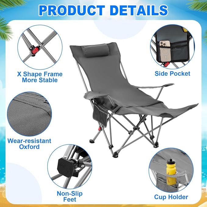Yuntau 2 Set Reclining Beach Chairs with UPF 50+ Umbrellas Shade, Upgraded Heavy Duty Portable Folding Lounge Camping Chair with Canopy Removable Footrest & Headrest for Outdoor Patio(Grey,Blue)