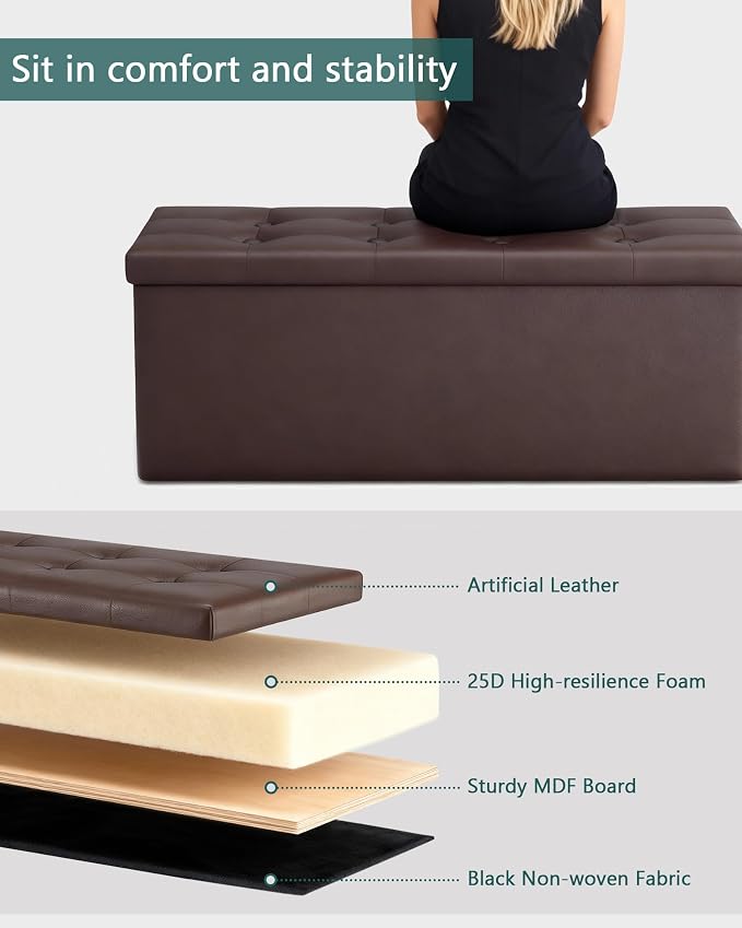 LITZFUR 43 Inches Folding Storage Ottoman Bench, PU Leather Storage Chest, Footrest Padded Seat for Bedroom and Hallway, Holds up to 660 lbs, Brown