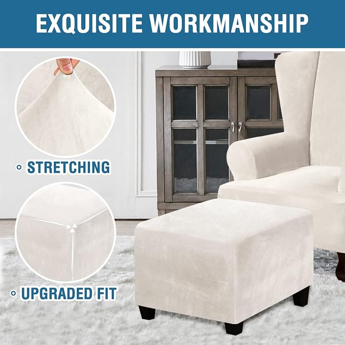 H.VERSAILTEX Ottoman Slipcover Square Footstool Protector Covers Storage Stool Ottoman Covers Stretch with Elastic Bottom, Feature Real Velvet Plush Fabric, Ivory