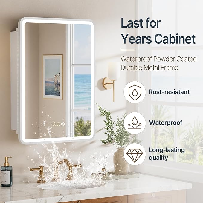20x28 Inch Medicine Cabinet with Mirror, Recessed or Surface Mount Bathroom Medicine Cabinet with LED Lights, Anti-Fog, Memory Function, Adjustable Shelf, Dimmable Light, ETL Listed, White,Left Hinge