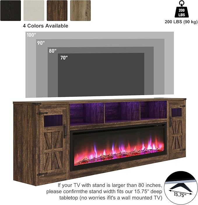 Fireplace TV Stand for 100 Inch TV, 95" Farmhouse Entertainment Center with 60" Electric Fireplace & LED Lights, Large Media Console for Living Room, Rustic Barn Doors, Power Outlets, Rustic Brown