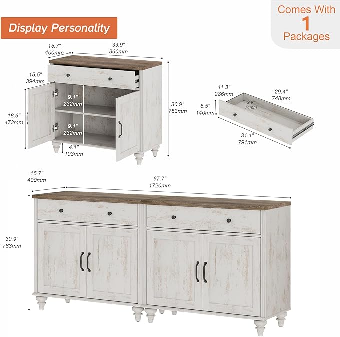 WAMAPT Modern Buffet Cabinet with 4 Doors and 2 Drawers, Large Coffee Bar Table Wood Kitchen Storage Cabinets, Farmhouse Sideboard Credenza for Dining Room, Rustic White