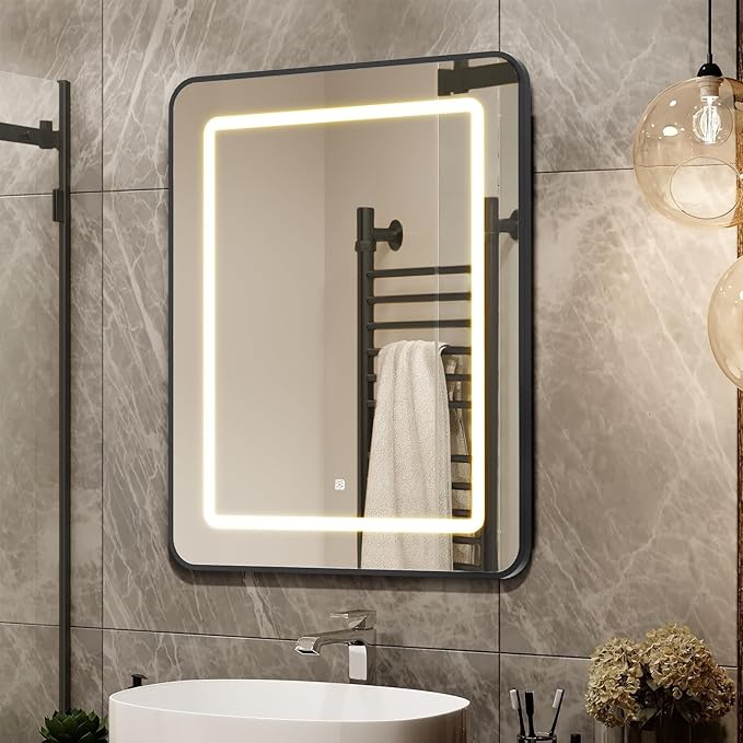 APRILSOUL 16x24 Inch Lighted Bathroom Medicine Cabinet with Mirror, Black Recessed or Surface Mount Medicine Cabinet Mirror with Storage and LED Lights, 3 Colors Temperature, Dimmable Light