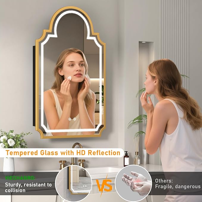 20"x32" LED Medicine Cabinet with Mirror, Recessed or Surface Mount Medicine Cabinets for Bathroom, Full Metal, Decorative Art Arched Mirror with Storage, 2 Shelves and 1 Organizer Box, Bling Gold