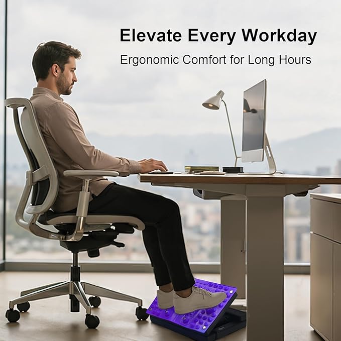 Footrest for Under Desk at Work, Height Adjustable Foot Rest with Reflexology Pad, Foldable Ergonomic Foot Stool for Muscle Tension Relief, Suitable for Office, Home & All-Season Use(Purple)