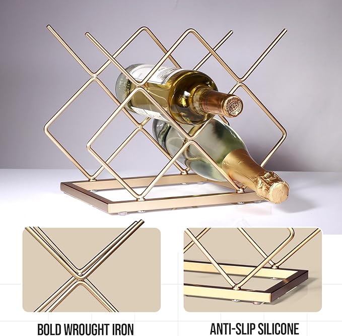 Countertop Wine Rack - 5 Bottle Freestanding Modern Gold Metal Small Wine Rack - Tabletop Wine Holder Stand for Cabinet, Pantry, Wine Bottle Storage… (Large Size-Gold 5btl)
