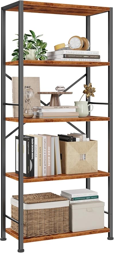 Furologee 5 Tier Book Shelf, Tall Wide Bookshelf, Industrial Open Bookcase, Display Shelves Storage Organizer, Shelving Unit for Living Room, Home Office, Bedroom, Rustic Brown