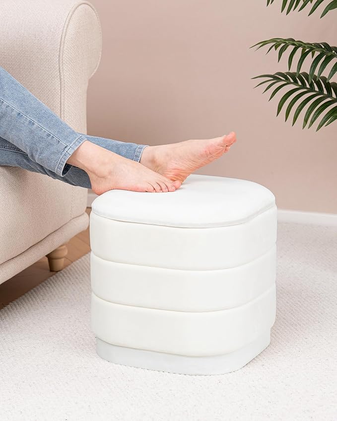 B FSOBEIIALEO Velvet Storage Ottoman with Tray, Square Folding Ottoman with Storage Coffee Table Foot Rest for Dorm Room, Living Room White, 15"x15"x15"