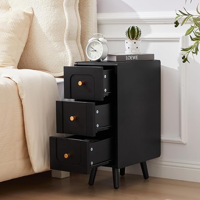 Narrow Nightstands with 3 Drawers, Wooden Farmhouse Bedside Tables, Slim End Tables with Storage, Small Night Stand for Bedroom, Living Room, Small Spaces
